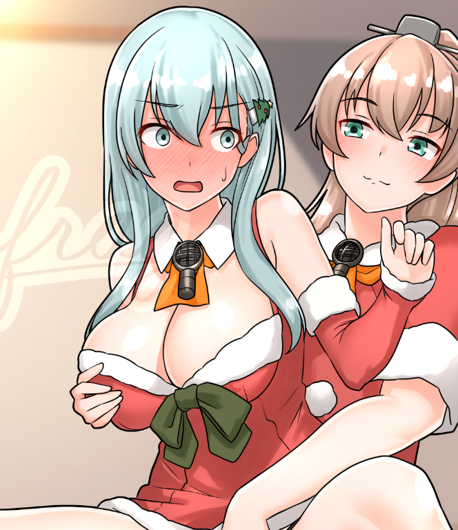 2girls aqua_hair ascot blush breasts brown_hair christmas_tree_hair_ornament dress fur-trimmed_dress fur_trim furaggu_(frag_0416) grabbing_another&#039;s_breast groping hair_ornament hairclip hand_under_clothes hand_under_skirt kantai_collection kumano_(christmas)_(kancolle) kumano_(kancolle) large_breasts multiple_girls ponytail red_dress santa_costume suzuya_(christmas)_(kancolle) suzuya_(kancolle) yuri