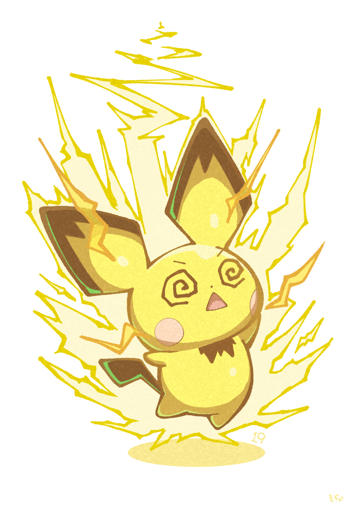 04sora40 @_@ animal_focus chibi dot_nose electricity full_body gen_2_pokemon nintendo no_humans open_mouth pichu pokemon pokemon_(creature) pokemon_focus simple_background solo super_smash_bros. triangle_mouth v-shaped_eyebrows white_background
