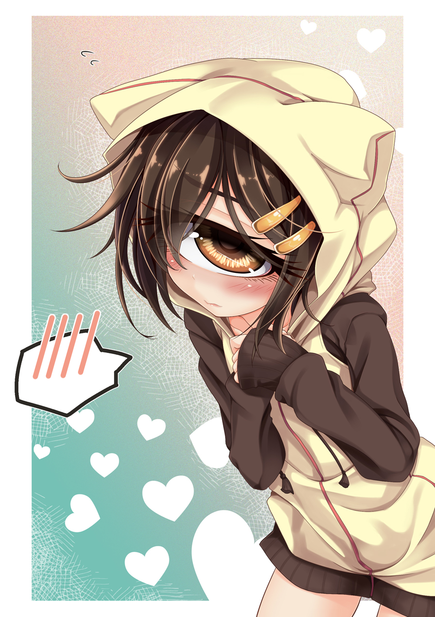 1girl animal_hood blush brown_eyes brown_hair cat_hood cyclops female_focus flying_sweatdrops hair_ornament hairclip heart highres hitomebore hood hoodie looking_at_viewer ogami_kazuki one-eyed short_hair sleeveless sleeveless_hoodie solo spoken_blush usui_sachi