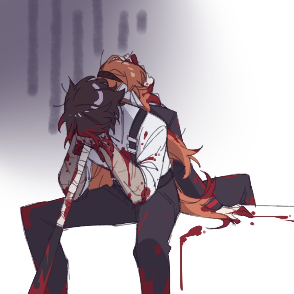 1boy 1girl arm_up back-to-back baseball_bat black_coat black_pants blood blood_in_hair blood_on_clothes blood_on_face coat heathcliff_(project_moon) ishmael_(project_moon) limbus_company long_hair long_sleeves mercuryhx open_mouth orange_hair pants project_moon sidelocks simple_background sitting very_long_hair white_background