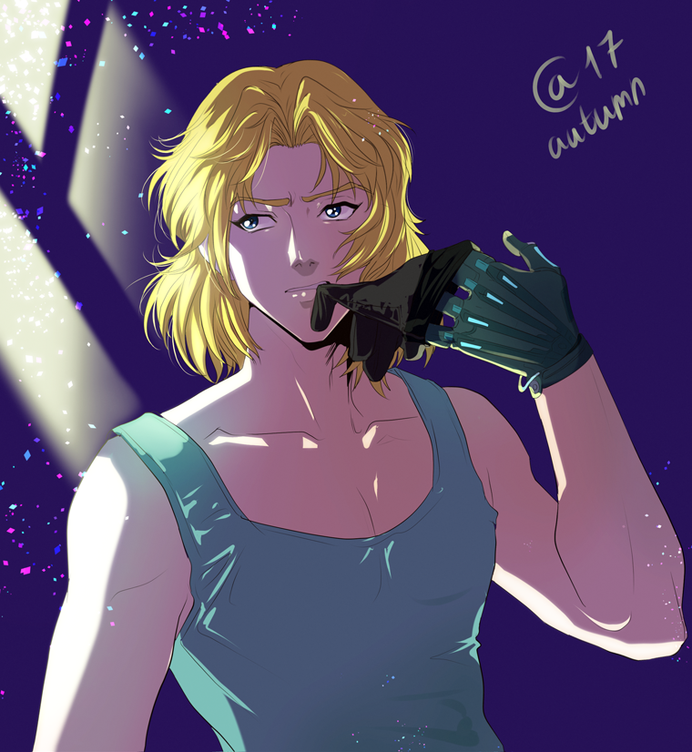 1boy aqua_gloves autumn-sacura blonde_hair blue_eyes gloves light looking_to_the_side male_focus mouth_hold raidese_f_branstein signature solo super_robot_wars super_robot_wars_original_generation tank_top upper_body