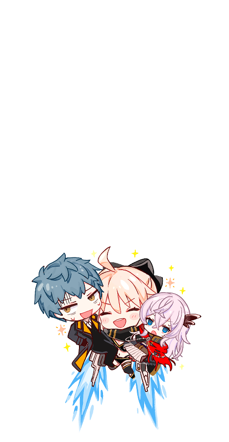 1boy 2girls ahoge bikini black_bikini black_coat black_scarf blonde_hair blue_eyes brown_eyes cape carrying carrying_person chibi coat fate/grand_order fate_(series) flying grey_hair multiple_girls okita_j._souji_(fate) okita_j._souji_(first_ascension)_(fate) okita_souji_(fate) red_cape saika_magoichi_(fate) saitou_hajime_(fate) scarf sparkle swimsuit yui_(tamagohan)