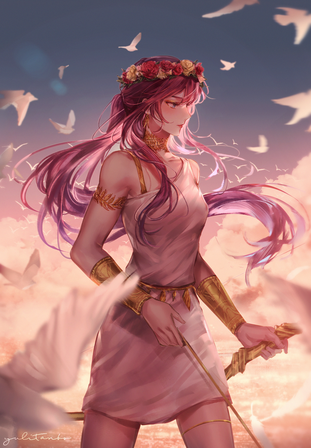 1girl armlet bird blue_eyes bracer choker closed_mouth cloud collarbone commentary_request cowboy_shot dress dusk earrings head_wreath highres holding holding_sword holding_weapon jewelry long_hair original outdoors pink_hair ponytail red_lips sleeveless sleeveless_dress solo sunset sword thighlet weapon white_dress yuli_(yulipo)