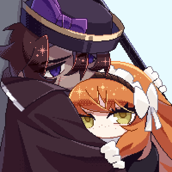 1boy 1girl apron black_hat bow brown_cloak brown_hair cloak green_eyes hair_bow hat hat_bow heathcliff_(project_moon) ishmael_(project_moon) limbus_company long_hair maid maid_apron maid_headdress mercuryhx orange_hair oufi_association_(identity)_(project_moon) pixel_art project_moon purple_bow purple_eyes simple_background very_long_hair white_background white_bow