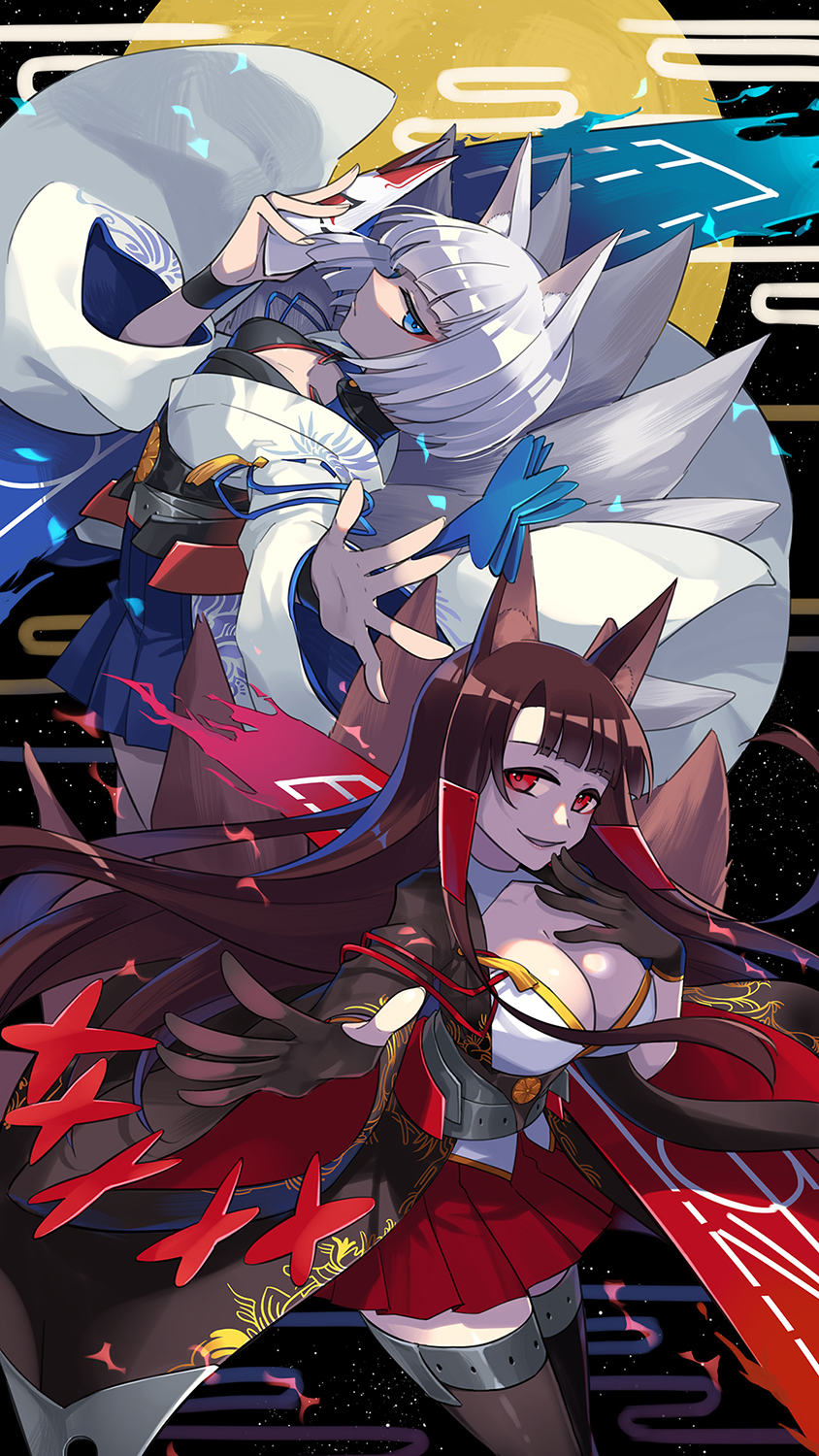 2girls akagi_(azur_lane) animal_ears azur_lane black_kimono blue_eyes blunt_bangs breasts brown_hair cleavage eyeliner eyeshadow fox_ears fox_girl fox_mask fox_tail gloves hakama hakama_short_skirt hakama_skirt highres holding holding_mask japanese_clothes kaga_(azur_lane) kimono kitsune long_hair makeup mask mask_on_head multiple_girls multiple_tails nashi_(tidal0414) partially_fingerless_gloves red_eyes red_skirt short_hair skirt tail white_hair white_kimono wide_sleeves