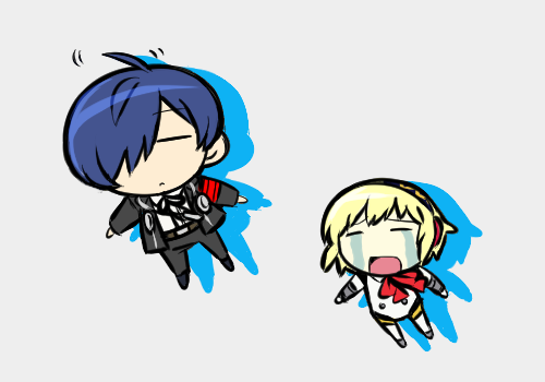 1boy 1girl ahoge aigis_(persona) azumanga_daiou blonde_hair blue_hair chibi crying flying gekkoukan_high_school_uniform heenarashi lowres persona persona_3 school_uniform yuuki_makoto_(persona_3)