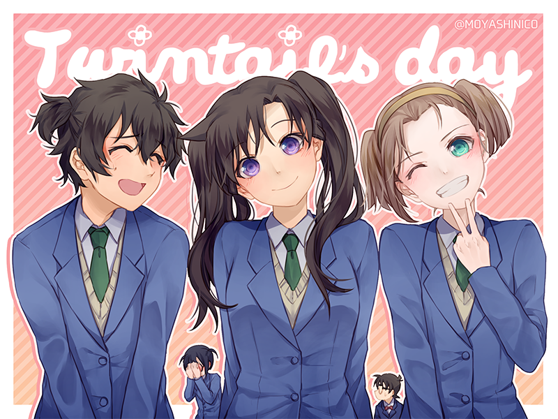 2boys 3girls alternate_hairstyle aqua_eyes blue_jacket border brown_hair brown_hairband closed_eyes closed_mouth collared_shirt covering_face edogawa_conan embarrassed green_neckwear grin hairband head_tilt hondou_eisuke jacket long_hair long_sleeves meitantei_conan monicanc mouri_ran multiple_boys multiple_girls necktie one_eye_closed outside_border pink_background purple_eyes school_uniform sera_masumi shirt short_hair smile striped_background suzuki_sonoko sweater twintails two_side_up white_border white_shirt wing_collar