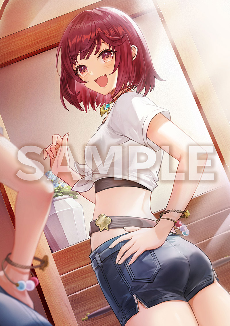 1girl atelier_(series) atelier_resleriana atelier_resleriana:_the_red_alchemist_&amp;_the_white_guardian atelier_sophie hand_on_own_hip jewelry looking_at_mirror midriff mirror necklace official_art open_mouth red_hair sample_watermark shirt shorts smile sophie_neuenmuller watermark white_shirt