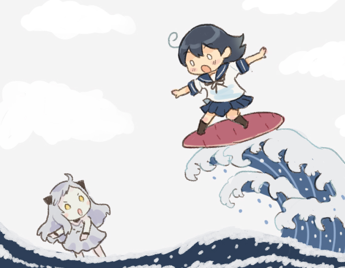 0_0 2girls ahoge black_hair blue_sailor_collar blue_skirt commentary_request dress food kantai_collection long_hair multiple_girls northern_little_sister oversized_object saiguchi_otoufu sailor_collar school_uniform serafuku skirt surfing sweet_potato ushio_(kancolle) water waves white_dress white_hair yellow_eyes