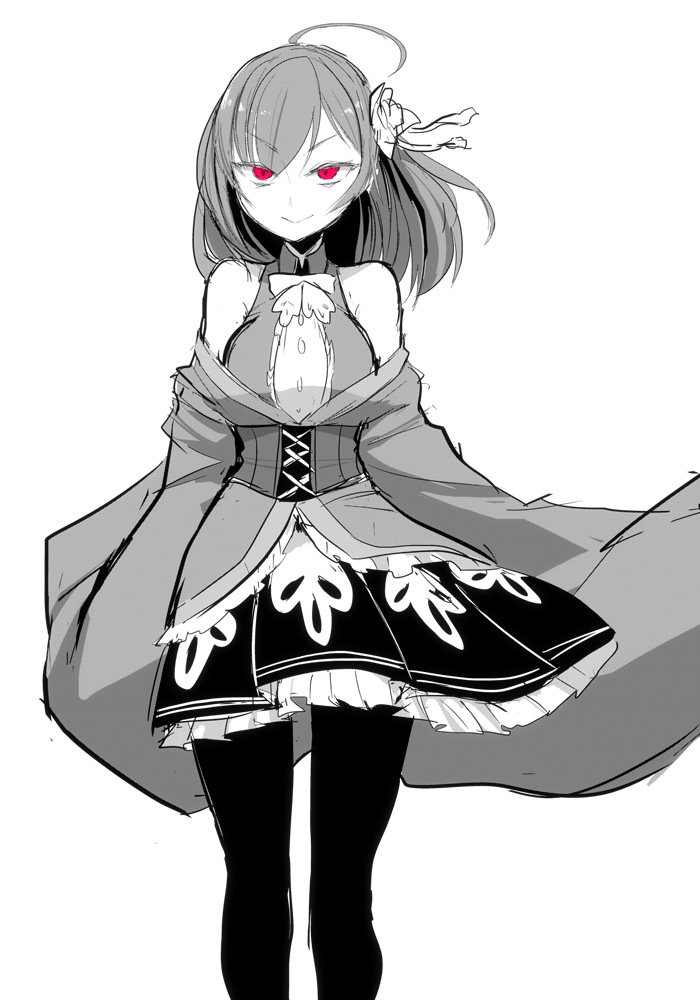 1girl ahoge bare_shoulders closed_mouth feet_out_of_frame flower greyscale hair_flower hair_ornament japanese_clothes ken_(koala) long_hair long_sleeves looking_at_viewer magia_record:_mahou_shoujo_madoka_magica_gaiden magical_girl mahou_shoujo_madoka_magica monochrome off_shoulder pantyhose pink_eyes simple_background smile solo spot_color standing tokiwa_nanaka white_background