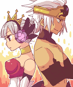1boy 1girl back-to-back bare_shoulders breasts choker crown detached_sleeves elbow_gloves gloves grey_hair griselda griselda_(odin_sphere) hair_bun hair_ornament head_wings large_breasts lowres non-web_source odin_sphere onyx onyx_(odin_sphere) purple_eyes red_eyes short_hair smirk tsuyuka_(sunny_spot) valkyrie white_hair wings