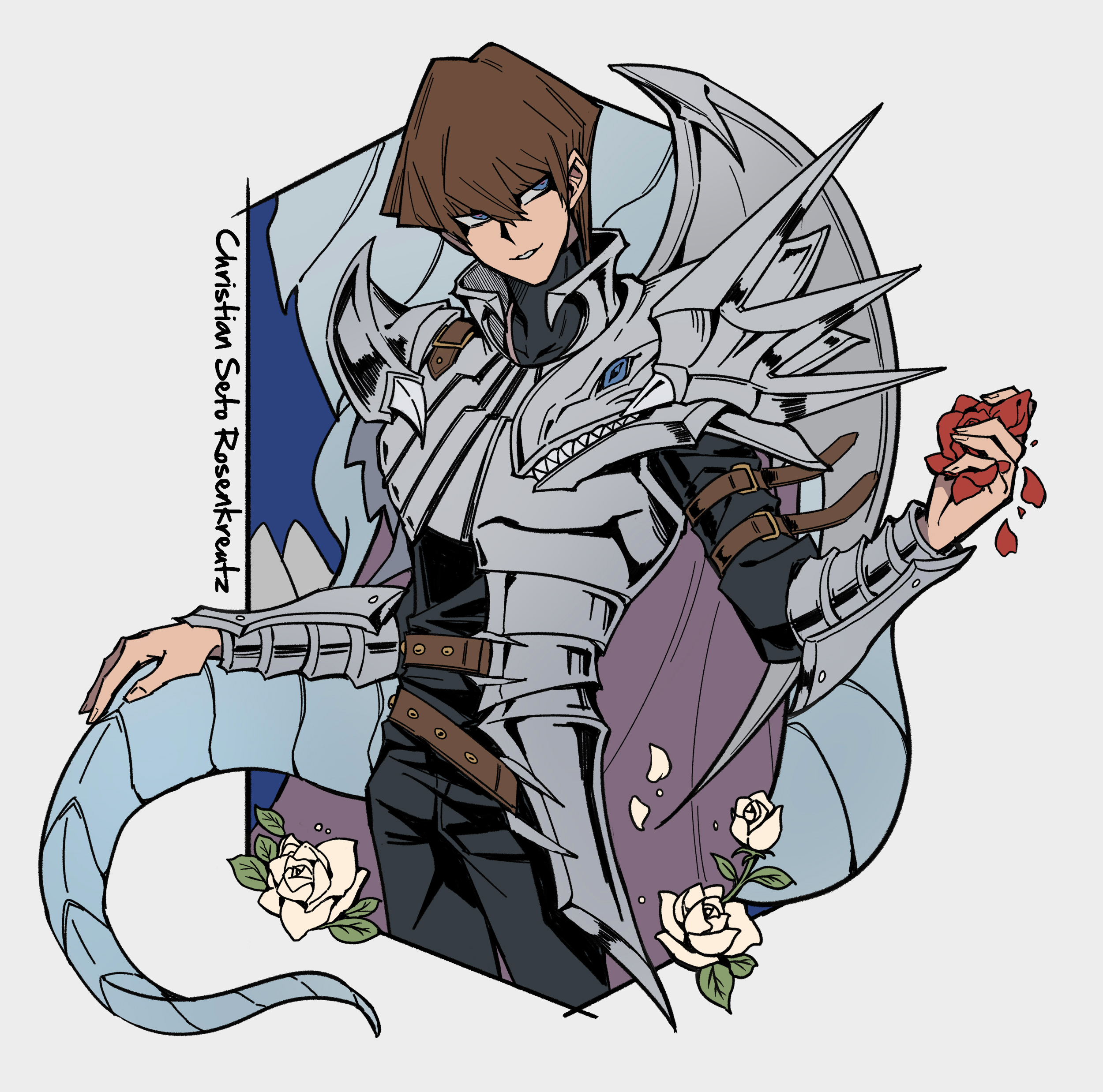 1boy absurdres blue-eyes_white_dragon blue_eyes brown_hair coat cowboy_shot flower highres jingshen_fensui kaiba_seto red_flower red_rose rose saka_nagiya simple_background solo white_background white_coat white_flower white_rose yu-gi-oh! yu-gi-oh!_duel_monsters