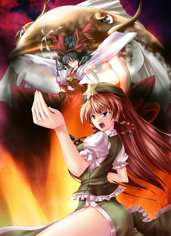 2girls braid catfish female_focus fish hakurei_reimu hat hong_meiling long_hair md5_mismatch multiple_girls namazu_(touhou) red_hair resolution_mismatch source_smaller touhou touhou_hisoutensoku twin_braids wakanita