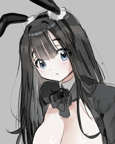 1girl animal_ears black_bow black_hair blue_eyes blush bow bowtie breasts cleavage closed_mouth detached_collar eeeeee03714610 fake_animal_ears grey_background hairband jacket large_breasts leotard long_hair looking_at_viewer lowres original playboy_bunny rabbit_ears ribbon simple_background sketch solo strapless upper_body wing_collar