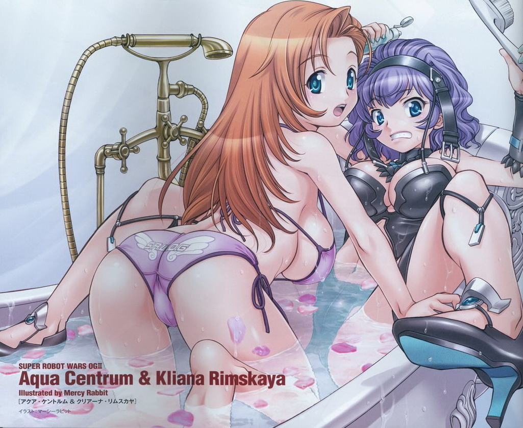 2girls aqua_centolm ass back bandai_namco bare_shoulders bath bathing bathroom bathtub bikini blue_eyes blue_hair breasts cleavage cliana_rimskaya feet gloves green_eyes hair_ornament hairband high_heels jewelry legs long_hair looking_back mercy_rabbit multiple_girls navel open_mouth orange_hair shoes short_hair shower_head sideboob spread_legs stomach super_robot_wars super_robot_wars_destiny super_robot_wars_mx super_robot_wars_original_generation swimsuit thighs underboob