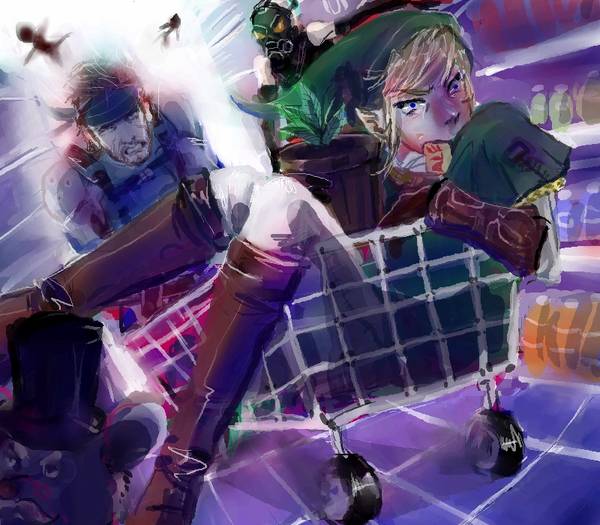 3boys crossover link male_focus metal_gear_(series) metal_gear_solid multiple_boys nintendo psycho_mantis shop shopping_cart solid_snake super_smash_bros. tagme the_legend_of_zelda