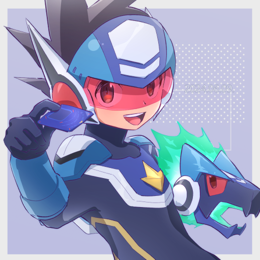 1boy :d arm_cannon assault_visor blue_bodysuit bodysuit card dated em_wave_change_(mega_man) geo_stelar_(mega_man) holding holding_card kika_tohoku looking_at_viewer male_focus mega_man_(series) mega_man_day mega_man_star_force_(series) omega-xis_(mega_man) open_mouth smile spiked_hair star_force_mega_man teeth upper_body upper_teeth_only weapon