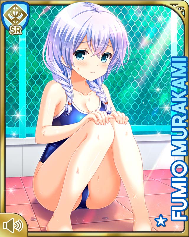 1girl blue_eyes blue_hair blue_one-piece_swimsuit braid chain-link_fence character_name closed_mouth day fence girlfriend_(kari) hair_ornament hairclip long_hair murakami_fumio official_art one-piece_swimsuit outdoors qp:flapper school_swimsuit sitting solo swimsuit tagme tile_floor tiles twin_braids twintails wet