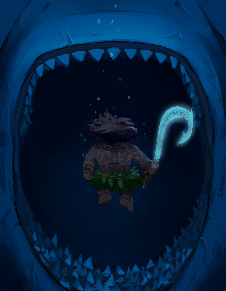 1boy arm_tattoo back_tattoo dark-skinned_male dark_skin glowing glowing_weapon holding holding_weapon leaf_skirt maui_(moana) moana_(movie) open_mouth pano_(mohayayamai) shark sharp_teeth solo tattoo tattoo_sleeve teeth tribal_tattoo underwater weapon