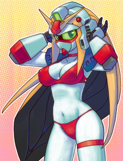 1990s_(style) 1girl bikini breasts cleavage female_focus g_gundam green_eyes gundam gundam_girl large_breasts looking_at_viewer mecha mecha_musume navel nobel_gundam red_bikini retro_artstyle robot solo swimsuit thigh_strap