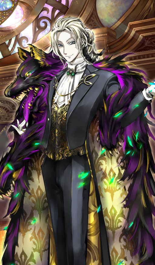1boy ascot black_jacket black_pants black_suit blonde_hair blue_eyes brooch buttons chain closed_mouth commentary dress_pants fate/grand_order fate_(series) feet_out_of_frame formal_clothes gloves green_brooch indoors jacket jewelry lapels light_rays long_hair long_sleeves looking_at_viewer male_focus notched_lapels official_art pants pelt petals pfalz ponytail popped_collar print_vest sidelocks smirk solo stained_glass standing suit tailcoat third-party_source two-sided_tailcoat vest waistcoat white_ascot white_gloves wolf_head wolfgang_amadeus_mozart_(fate) wolfgang_amadeus_mozart_(formal_dress)_(fate)