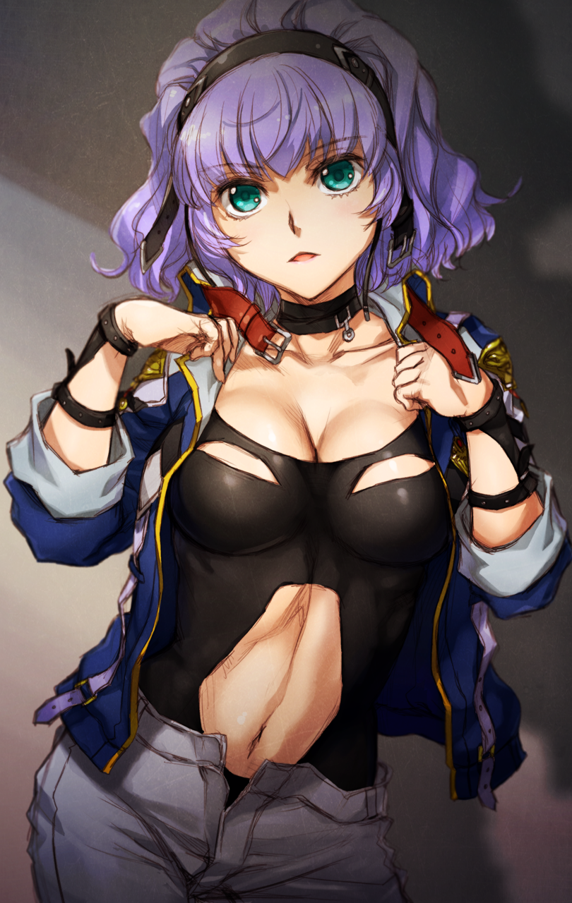 1girl aqua_centolm aqua_eyes belt breasts chestnut_mouth choker cleavage clothing_cutout collarbone cowboy_shot female_focus gradient_background hairband highres jacket long_sleeves looking_at_viewer nakamura_kanko navel navel_cutout open_clothes open_fly open_jacket parted_lips purple_hair short_hair shorts simple_background sleeves_rolled_up solo standing stomach super_robot_wars super_robot_wars_mx unzipped wrist_cuffs