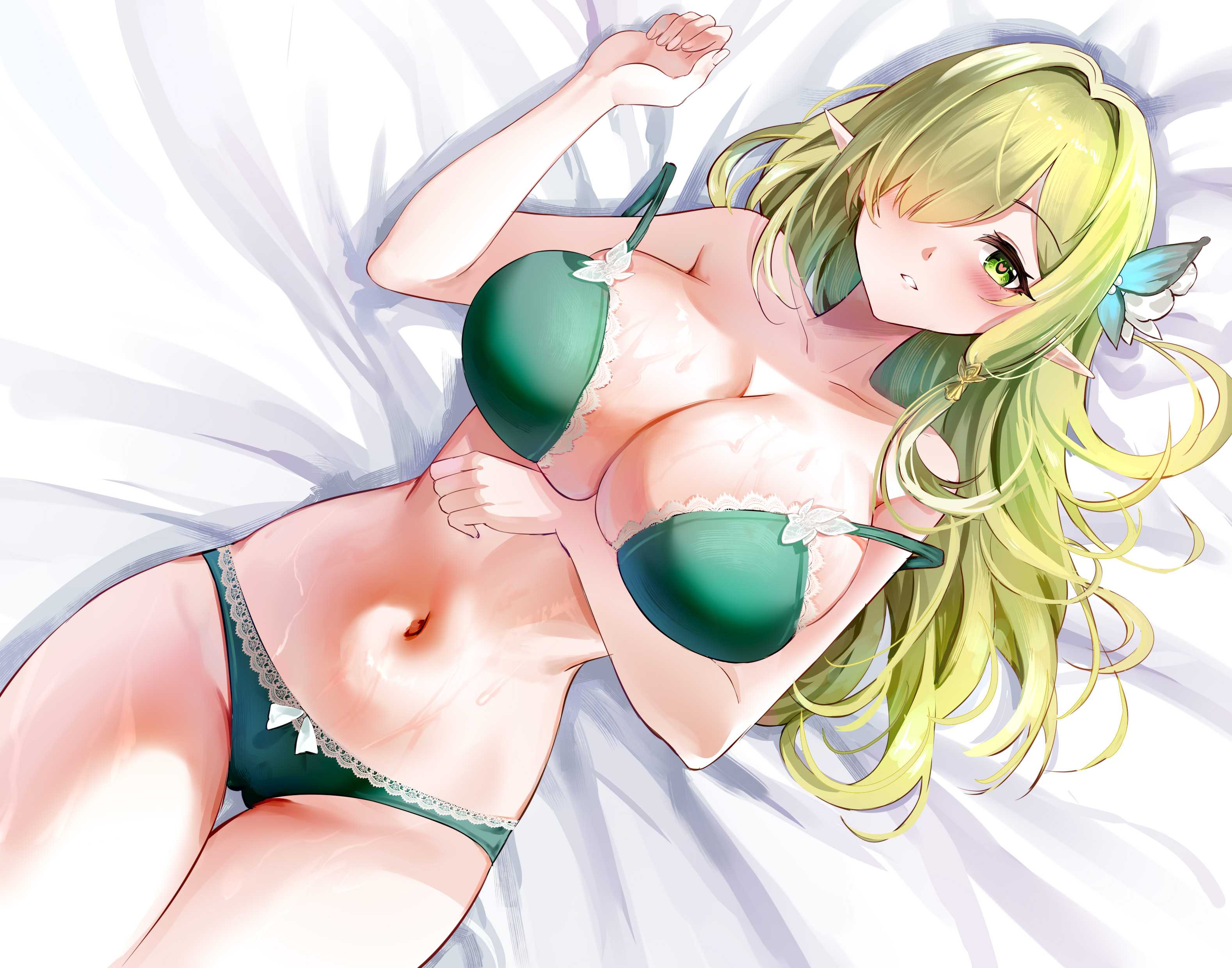 1girl absurdres akusamu azur_lane bare_shoulders bra breasts butterfly_hair_ornament cleavage de_zeven_provincien_(azur_lane) de_zeven_provincien_(snuggling_for_warmth)_(azur_lane) elf from_above green_bra green_eyes green_panties hair_intakes hair_ornament hair_over_one_eye heart heart-shaped_pupils highres huge_breasts lace lace-trimmed_bra lace-trimmed_panties lace_trim long_hair looking_at_viewer lying navel official_alternate_costume on_back on_bed panties pointy_ears solo symbol-shaped_pupils thigh_gap underwear