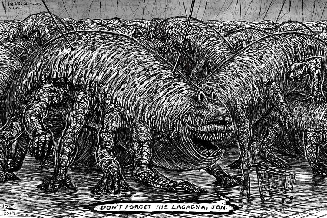 1boy animal_ears artist_name black_sclera bright_pupils cat cat_ears colored_sclera commentary english_commentary english_text evil_smile extra_arms extra_hands garfield garfield_(character) greyscale instagram_username jon_arbuckle jr_(jarsarts) long_body monochrome non-web_source smile speech_bubble white_pupils wire