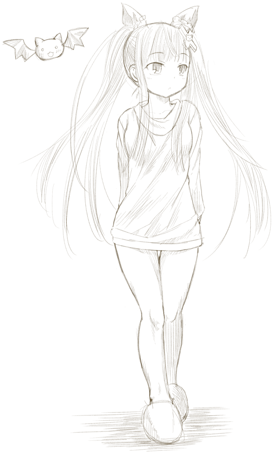1girl arms_behind_back bat_(animal) breasts character_request dress female_focus full_body greyscale hair_ornament kasuga_yukihito long_hair monochrome short_dress slippers small_breasts solo sweater sweater_dress twintails