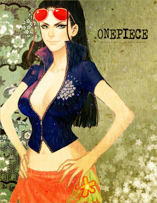 1girl black_hair blue_eyes blue_shirt breasts center_opening cleavage collarbone crop_top eyelashes eyewear_on_head female_focus floral_print flower glasses hair_slicked_back hands_on_own_hips j_(onose1213) large_breasts lips long_hair looking_at_viewer lowleg midriff navel nico_robin nico_robin_(return_to_sabaody) no_bra one_piece open_clothes open_shirt pink_skirt realistic revealing_clothes sarong shirt short_sleeves skirt smile solo sunglasses unzipped zipper