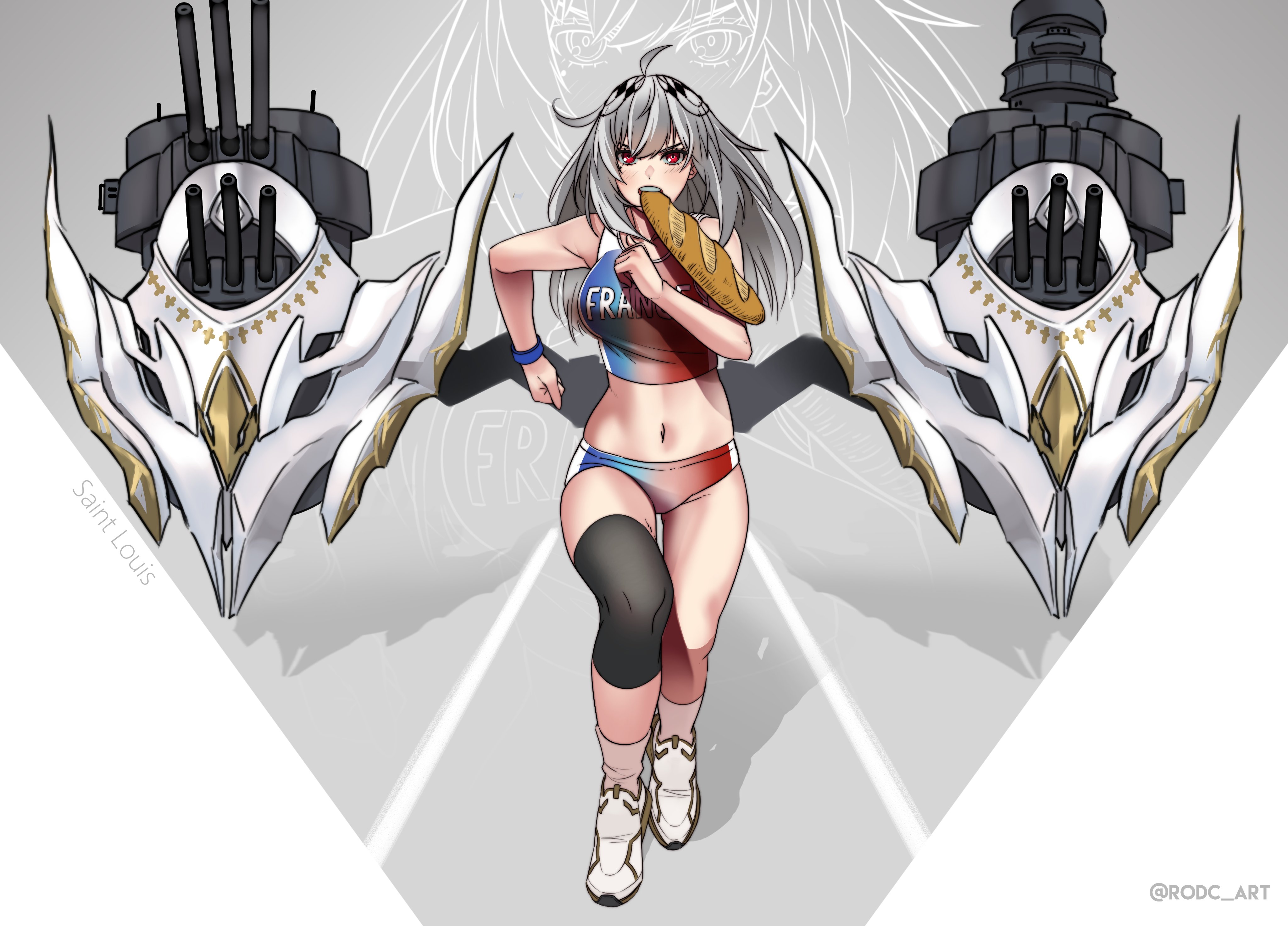 1girl absurdres ahoge artist_name azur_lane baguette bare_shoulders bread character_name commission food food_in_mouth grey_hair highres long_hair navel olympics red_eyes rigging rodc_art running saint-louis_(azur_lane) ship_turret solo stomach white_footwear