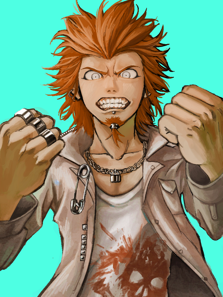 1boy aqua_background artist_request blood_on_clothes chain chain_necklace clenched_teeth danganronpa:_trigger_happy_havoc danganronpa_(series) ear_piercing facial_hair jacket jewelry kuwata_leon necklace orange_hair piercing ring simple_background solo tagme teeth upper_body white_eyes
