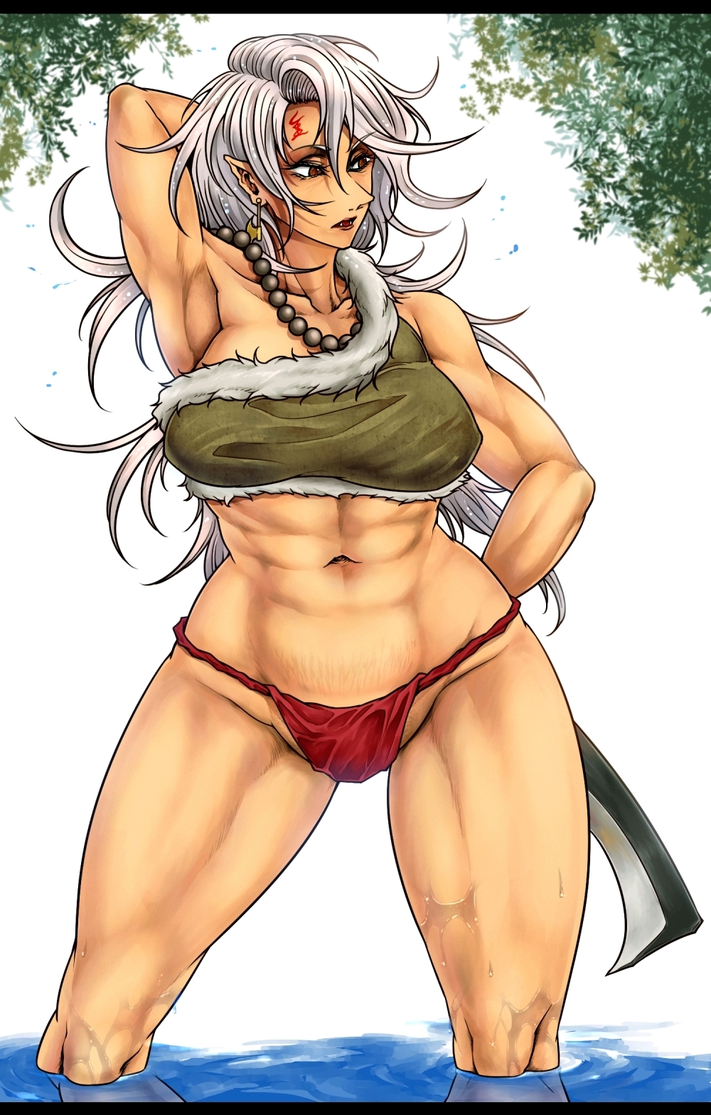 1girl abs adapted_costume alternate_costume arm_behind_back arm_behind_head armpits axe_earrings bead_necklace beads breasts brown_eyes cleaver collarbone commentary_request cowboy_shot ear_piercing earrings facial_mark female_focus forehead_mark forehead_tattoo fundoshi fur_bra fur_trim groin highres japanese_clothes jewelry knees large_breasts leaf long_hair looking_to_the_side muscular muscular_female nata_(tool) nature navel necklace no_pants outdoors partially_submerged piercing pointy_ears red_fundoshi ryuuichi_(f_dragon) sakata_nemuno silver_hair single_strap solo stomach tank_top thick_thighs thighs touhou wading water wet