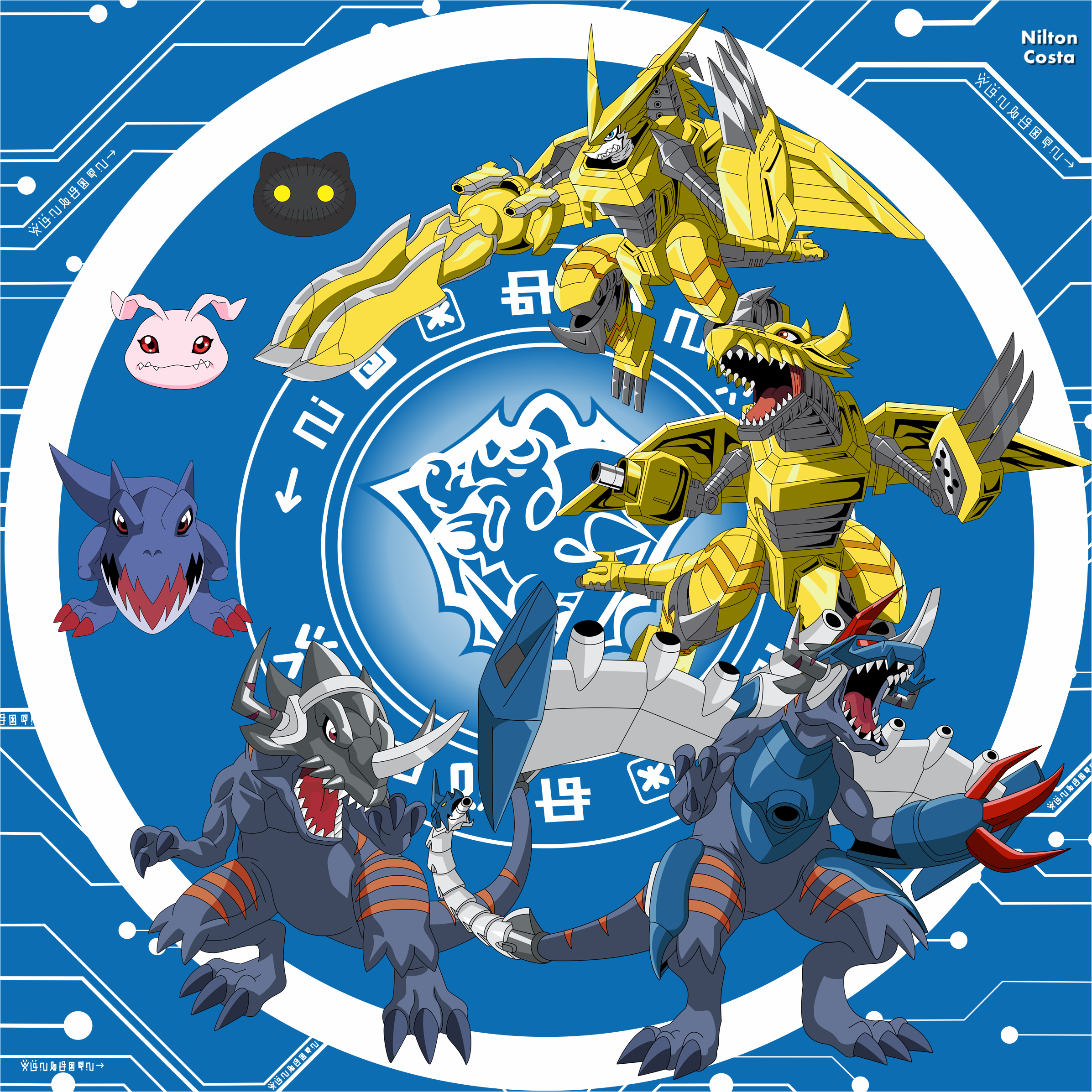 botamon digimon digimon_(creature) evolutionary_line gaossmon greymon_(digimon_xros_wars) highres koromon metalgreymon_(digimon_xros_wars) sharp_teeth shoutmon_dx teeth tongue zekegreymon
