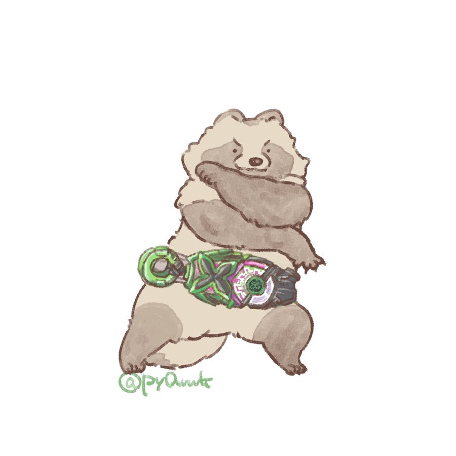 animal_focus body_fur brown_fur cosplay desire_driver full_body henshin_pose id_core kamen_rider kamen_rider_geats_(series) kamen_rider_tycoon kamen_rider_tycoon_(cosplay) ninja_buckle py0wwk simple_background tanuki twitter_username white_background