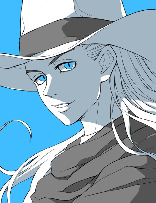 1boy blue_background blue_eyes commentary_request dragon_quest dragon_quest_x floating_hair hat hijirino_yuuta kurouzu_(dq10) long_hair looking_at_viewer male_focus parted_lips portrait scarf slit_pupils smile solo spot_color