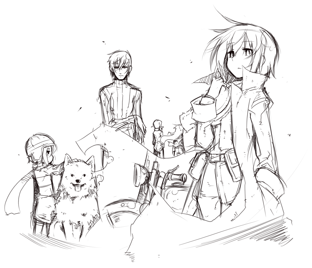 00s androgynous animal artist_request child dog gender_request hat hermes_(kino_no_tabi) kino_(kino_no_tabi) kino_no_tabi long_coat long_hair master_(kino_no_tabi) monochrome motor_vehicle motorad motorcycle partner_(kino_no_tabi) pouch_bags riku_(kino_no_tabi) scarf shizu_(kino_no_tabi) short_hair tagme tea_(kino_no_tabi) vehicle white_background