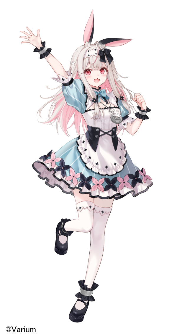1girl :d animal_ear_fluff animal_ears apron arm_up black_ribbon black_shoes blue_bow blue_bowtie blue_dress blunt_bangs blush bow bowtie brown_hair clenched_hand colored_inner_hair commentary_request copyright_notice dress frilled_apron frilled_wrist_cuffs frills fukahire_(ruinon) full_body hair_ribbon hand_up long_hair looking_at_viewer multicolored_hair official_art open_mouth outstretched_arm pink_hair puffy_short_sleeves puffy_sleeves rabbit_ears red_eyes ribbon shoes short_sleeves simple_background smile solo standing standing_on_one_leg thighhighs unohana_nonochi varium virtual_youtuber white_apron white_background white_thighhighs wrist_cuffs