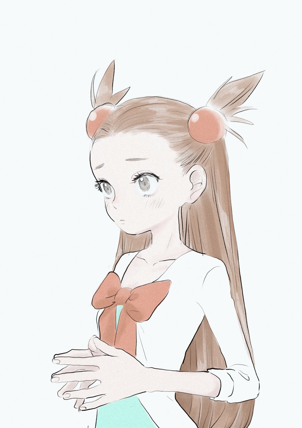 1girl bow bowtie brown_hair closed_mouth collarbone dress grey_eyes hair_ornament highres int168 jasmine_(pokemon) long_hair looking_to_the_side nintendo pokemon pokemon_hgss red_bow red_bowtie steepled_fingers three-quarter_sleeves upper_body white_background