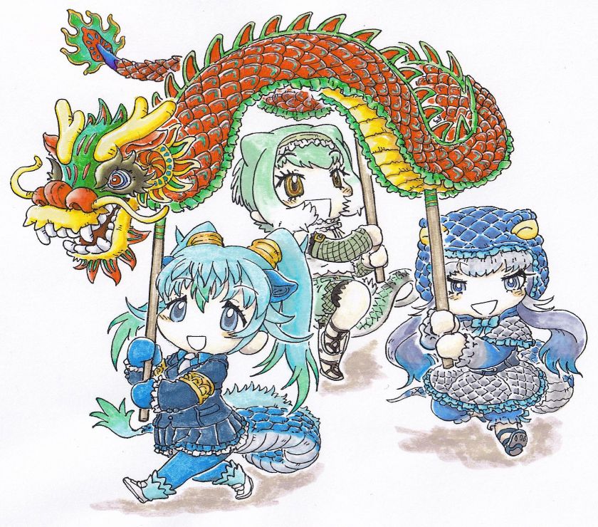 3girls animal_ears bare_shoulders blue_eyes blue_hair blush bow bowtie brown_eyes capelet chinese_water_dragon_(kemono_friends) chinese_zodiac choker detached_sleeves dragon dragon_girl dragon_tail dress eastern_dragon frilled_hairband frills gloves green_hair green_shorts green_sleeves grey_hair hair_between_eyes hairband hat hood jacket kemono_friends kemono_friends_3 kemono_friends_pavilion komodo_dragon_(kemono_friends) lizard_tail long_hair long_sleeves looking_at_viewer multicolored_hair multiple_girls necktie open_mouth pantyhose seiryuu_(kemono_friends) shirt short_shorts shorts simple_background skirt smile stick tail twintails van_der_waals_(okb_001) year_of_the_dragon