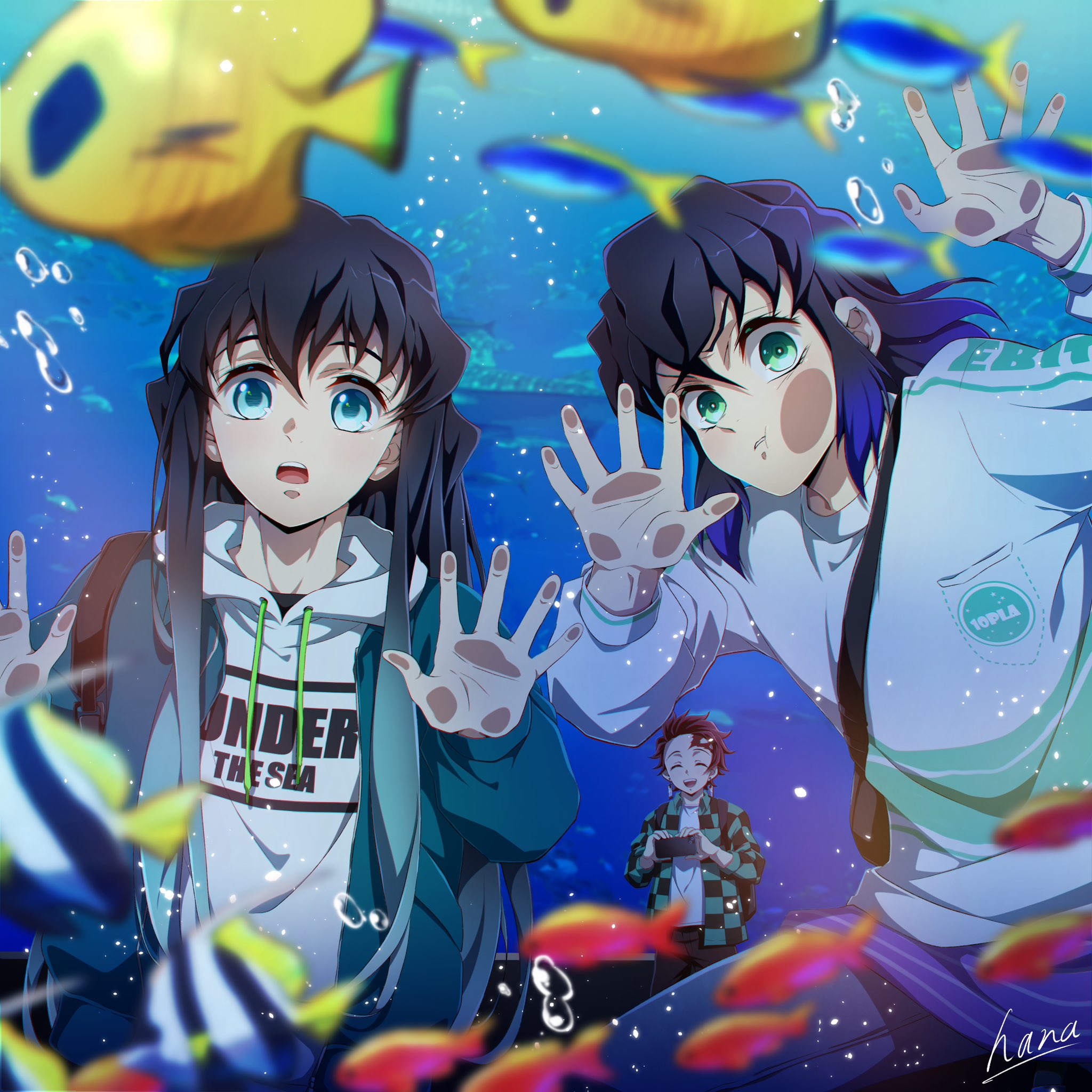 3boys alternate_costume aqua_eyes aqua_jacket aquarium black_hair blue_hair checkered_clothes checkered_jacket closed_eyes earrings fish gradient_hair green_eyes hana_ni_nare hashibira_inosuke highres hood hoodie jacket jewelry kamado_tanjirou kimetsu_no_yaiba long_hair long_sleeves male_focus multicolored_hair multiple_boys open_mouth scar scar_on_face scar_on_forehead shirt smile tokitou_muichirou two-tone_hair white_hoodie white_shirt