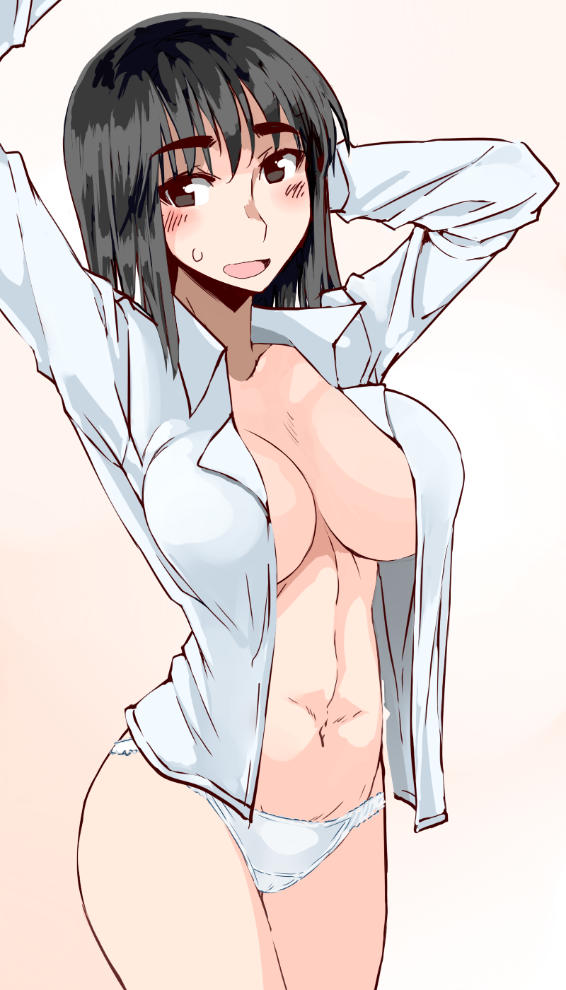 00s 1girl arms_up black_eyes black_hair blush breasts cleavage cosaten cowboy_shot female_focus highres large_breasts looking_at_viewer navel open_clothes open_mouth open_shirt panties school_rumble shirt simple_background smile solo suou_mikoto_(school_rumble) sweatdrop thighs underwear white_panties
