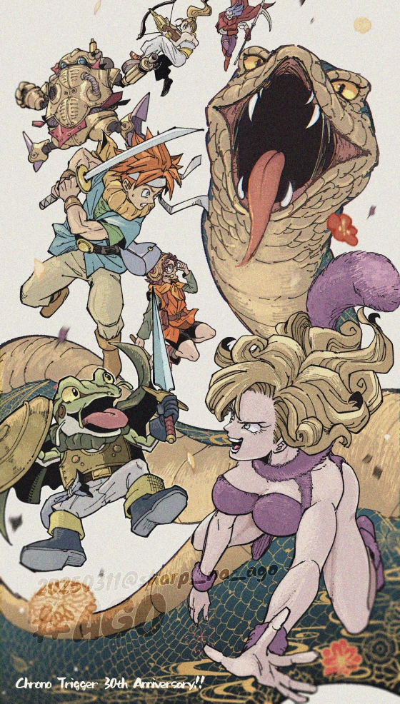 3girls 4boys adjusting_eyewear armor ayla_(chrono_trigger) blonde_hair blue_tunic bow_(weapon) breastplate breasts cape chrono_trigger colored_sclera crono_(chrono_trigger) crossbow f_(sharp_na_subago) fangs frog_boy fur_(clothing) glasses hammer holding holding_scythe holding_shield holding_sword holding_weapon jumpsuit katana lucca_ashtear magus_(chrono_trigger) medium_breasts multiple_boys multiple_girls pants ponytail purple_hair red_cape red_hair robo_(chrono_trigger) robot scarf scythe sharp_na_ago shield signature snake sword tongue tongue_out tunic weapon white_jumpsuit white_pants yellow_pants yellow_scarf yellow_sclera