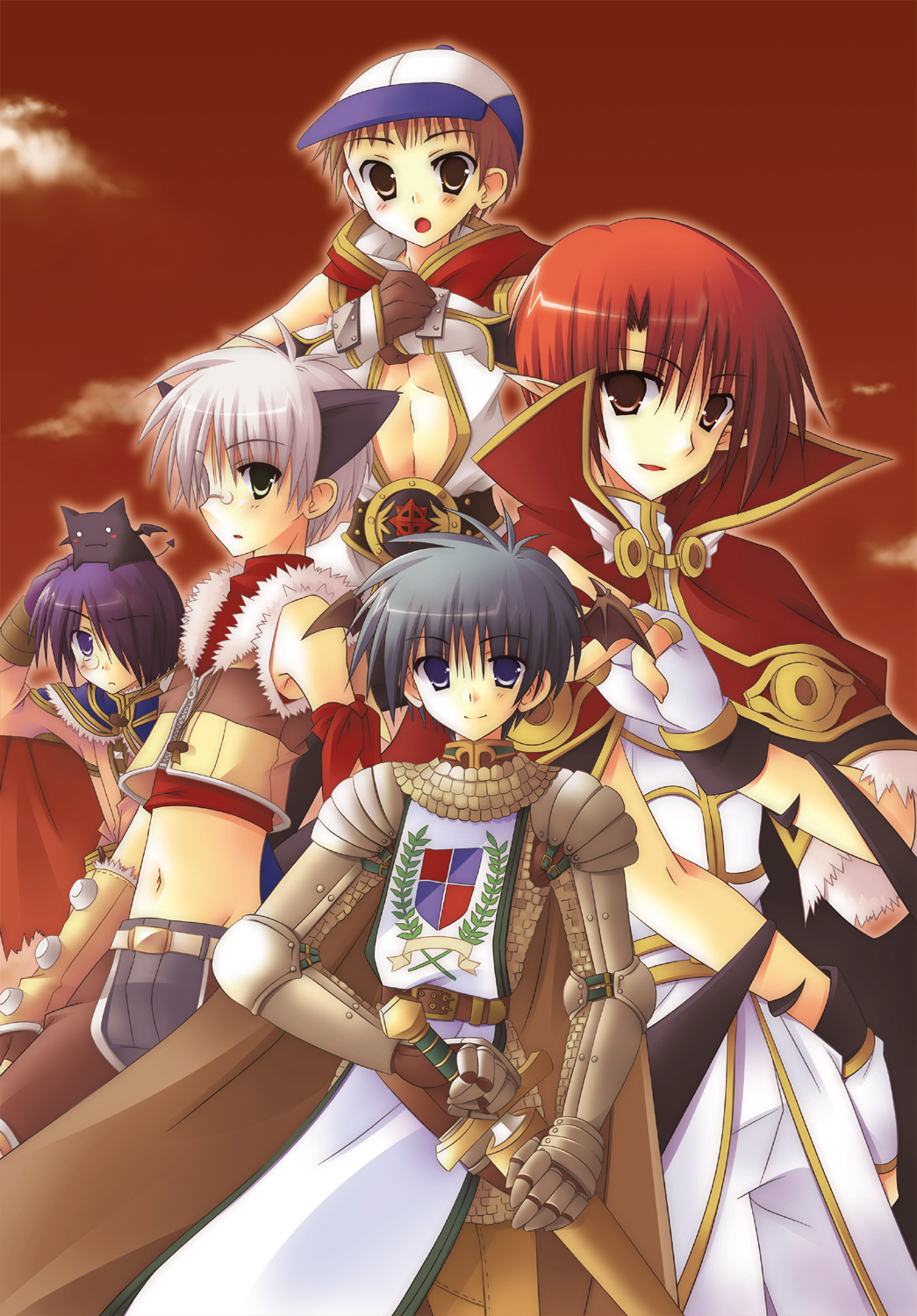 2000s_(style) 5boys alchemist_(ragnarok_online) animal_ears armband armor baseball_cap belt black_eyes black_hair blue_cape brown_belt brown_coat brown_eyes brown_hair brown_pants brown_shirt cape capelet cat_boy cat_ears chainmail champion_(ragnarok_online) closed_mouth cloud coat commentary_request cowboy_shot crop_top deviruchi emblem fingerless_gloves fur-trimmed_capelet fur-trimmed_gloves fur-trimmed_shirt fur_trim gauntlets glasses gloves gold_trim green_eyes hair_over_one_eye hat high_wizard_(ragnarok_online) highres holding holding_sword holding_weapon hood hood_down hooded_coat knight_(ragnarok_online) long_sleeves looking_at_viewer male_focus midriff monocle multicolored_coat multiple_boys navel open_mouth orange_eyes pants pauldrons pince-nez pointy_ears purple_eyes purple_hair ragnarok_online red_capelet red_coat red_hair red_shirt red_sky rimless_eyewear shirt short_hair shoulder_armor sky sleeveless sleeveless_coat sleeveless_shirt smile sniper_(ragnarok_online) sword tabard two-tone_coat two-tone_shirt undershirt weapon white_coat white_gloves white_hair white_hat white_shirt white_tabard yellow_gloves yellow_shirt yuzuki_kotona