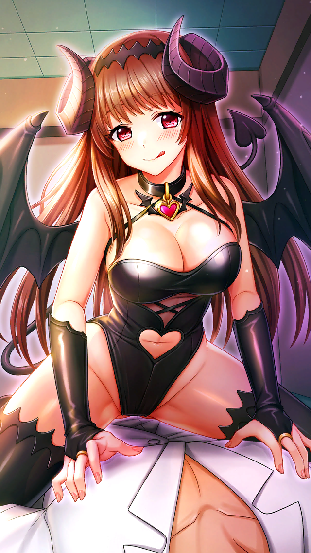 1boy 1girl black_leotard black_thighhighs black_wings blush breasts bridal_gauntlets brown_hair cleavage clothing_cutout collarbone demon_girl demon_horns demon_tail demon_wings doukyuusei_(series) doukyuusei_another_world dress_shirt floating_hair game_cg girl_on_top halloween_costume hetero highleg highleg_leotard horns indoors kakyuusei kakyuusei_(series) large_breasts leotard long_hair midriff navel navel_cutout official_art pov red_eyes shirt smile solo_focus spread_legs stomach tail thighhighs tongue tongue_out very_long_hair white_shirt wings yuuki_mizuho