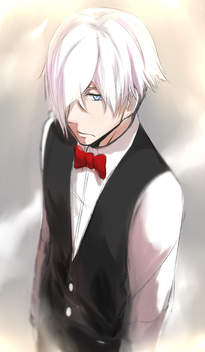 10s 1boy blue_eyes bow death_parade decim_(death_parade) formal_clothes hair_over_one_eye isshiki_(ffmania7) long_hair male_focus red_bow short_hair silver_hair solo suit upper_body