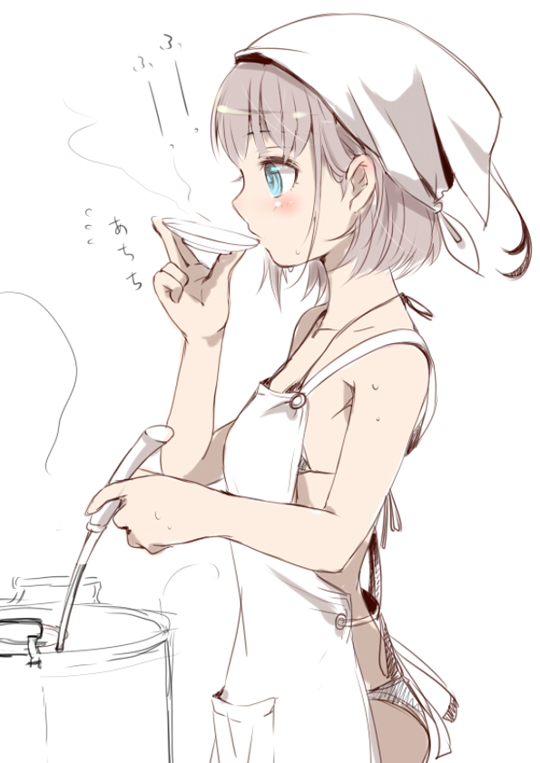 10s 1girl apron bikini cooking female_admiral_(kancolle) female_focus kantai_collection ladle mataichi_mataro narumi_tsuyu plate pot profile saucer short_hair solo swimsuit tasting tasting_plate tenugui white_bikini