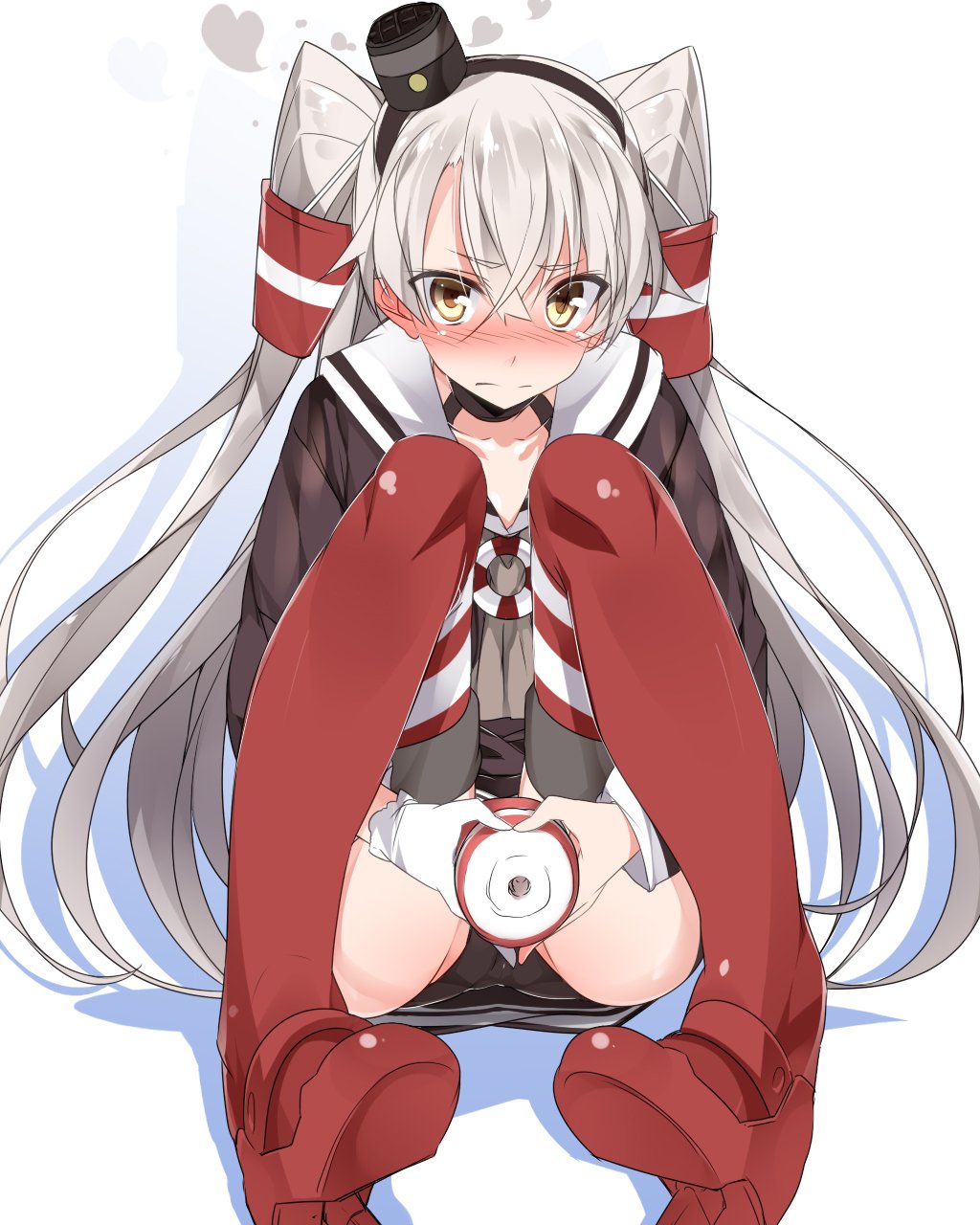 10s 1girl amatsukaze_(kancolle) artificial_vagina black_panties blush brown_eyes choker commentary_request dress female_focus garter_straps gloves hair_tubes hairband heart heart_hands highres kantai_collection knees_together_feet_apart long_hair looking_at_viewer mtu_(orewamuzituda) nose_blush panties red_thighhighs sailor_collar sailor_dress sex_toy short_dress silver_hair single_glove sitting solo striped_clothes striped_thighhighs tenga thighhighs two_side_up underwear white_gloves