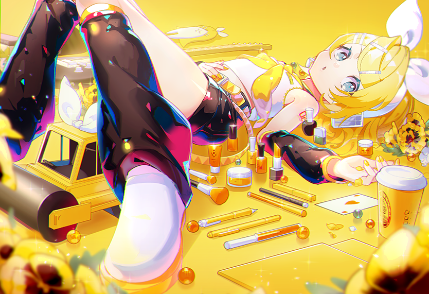 1girl belt black_shorts blonde_hair blue_eyes bottle bow card_(medium) cosmetics cup detached_sleeves disposable_cup flower guitar hair_bow hair_ornament hairclip headphones headset instrument kagamine_len kagamine_rin leg_warmers lipstick lipstick_tube looking_at_viewer lotion lotion_bottle lying makeup makeup_brush mascara mechanical_pencil nail_polish_bottle neckerchief on_back open_mouth pen pencil sawashi_(ur-sawasi) shoes short_hair shorts solo steamroller toy_car vocaloid white_bow white_shoes yellow_belt yellow_neckerchief yellow_theme