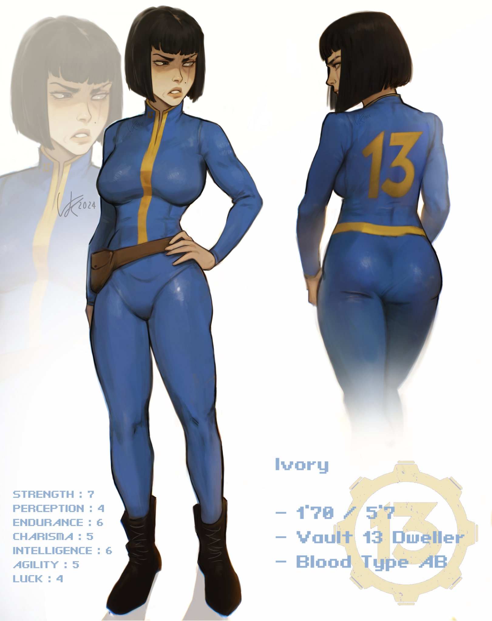 1girl 2024 ass belt black_eyes black_footwear blood_type blue_bodysuit blunt_bangs blunt_ends bob_cut bodysuit boots breasts brown_belt character_name character_profile commentary english_commentary fallout fallout_1 from_behind full_body hand_on_own_hip height highres large_breasts looking_to_the_side mole mole_on_cheek multiple_views partially_blind pink_lips profile scar scar_across_eye scar_on_face scowl signature simple_background stats teeth vankraut vault_dweller vault_suit white_background zoom_layer
